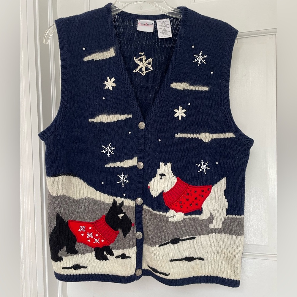 Christmas vest with Scottish terrier dogs, Bobbie Brooks XL blue white red grey